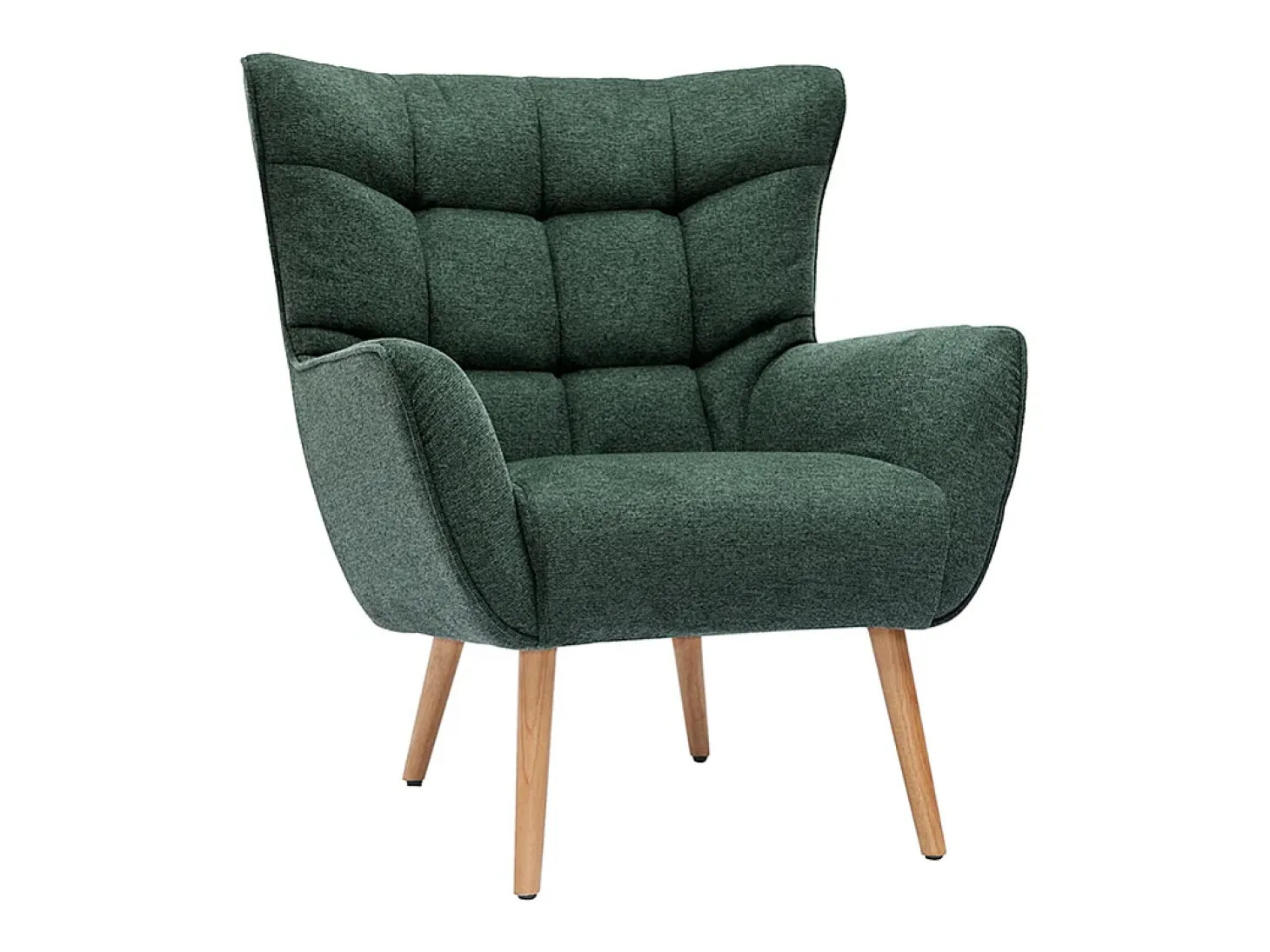 Sillón nórdico con tejido efecto aterciopelado texturizado verde oscuro y madera de caucho maciza AVERY