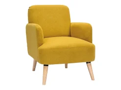 Sillón nórdico de tejido efecto aterciopelado texturizado amarillo mostaza y madera ISKO