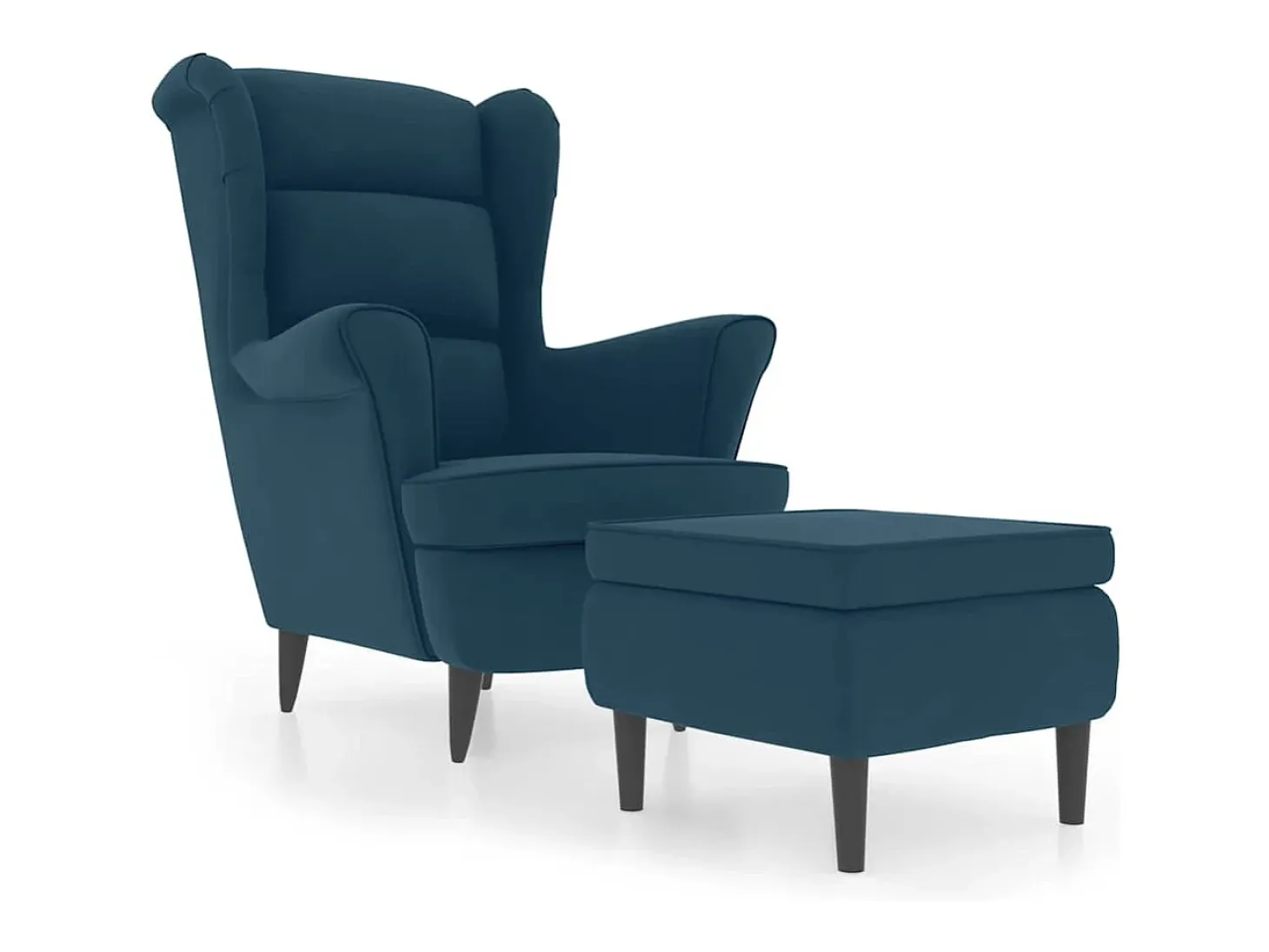 Sillón orejero y taburete de terciopelo azul