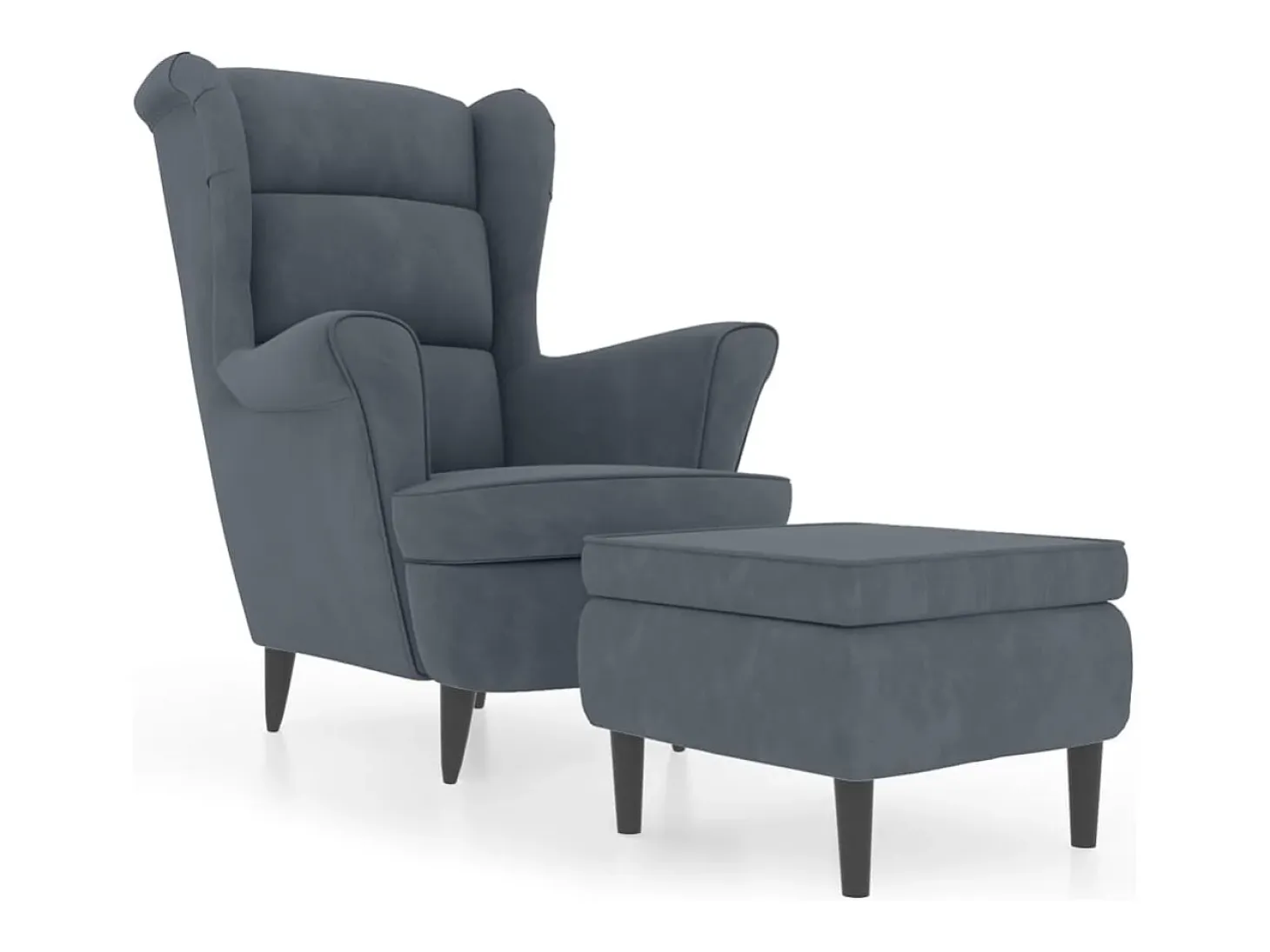 Sillón orejero y taburete de terciopelo gris oscuro