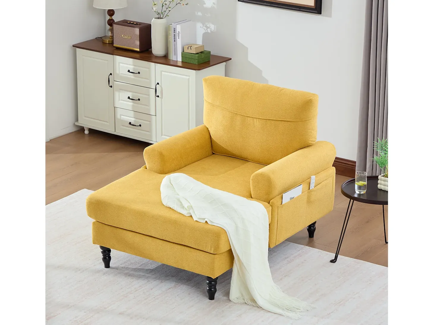 Sillón relax en tejido chenilla amarillo mostaza - Con bolsillos laterales