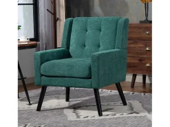Sillón retro de tela de lino verde con patas de madera