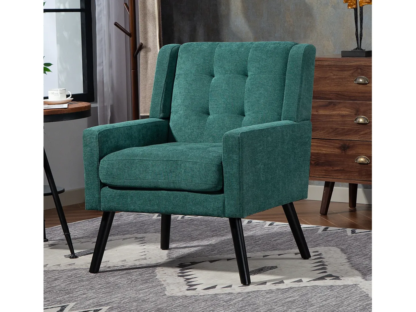 Sillón retro de tela de lino verde con patas de madera