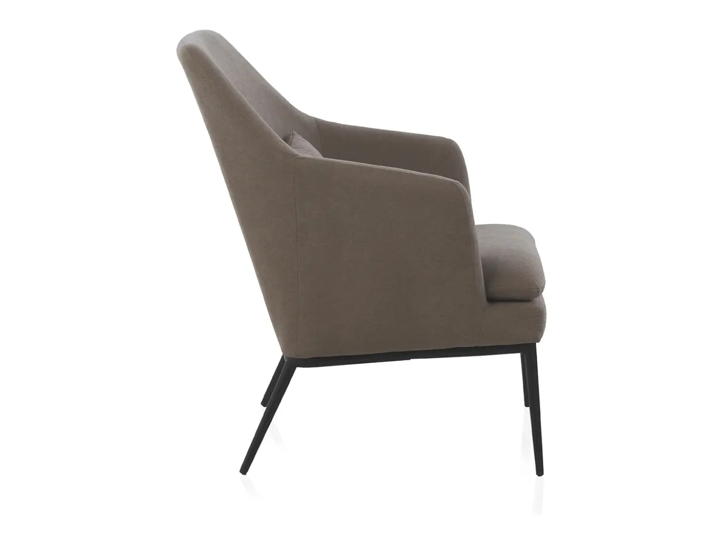 Sillón tapizado color topo con cojín y patas de metal negras