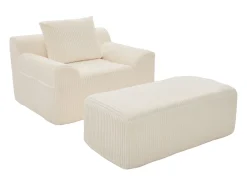 Sillón tapizado en pana con estribo, bolsillos laterales y cojines - Beige