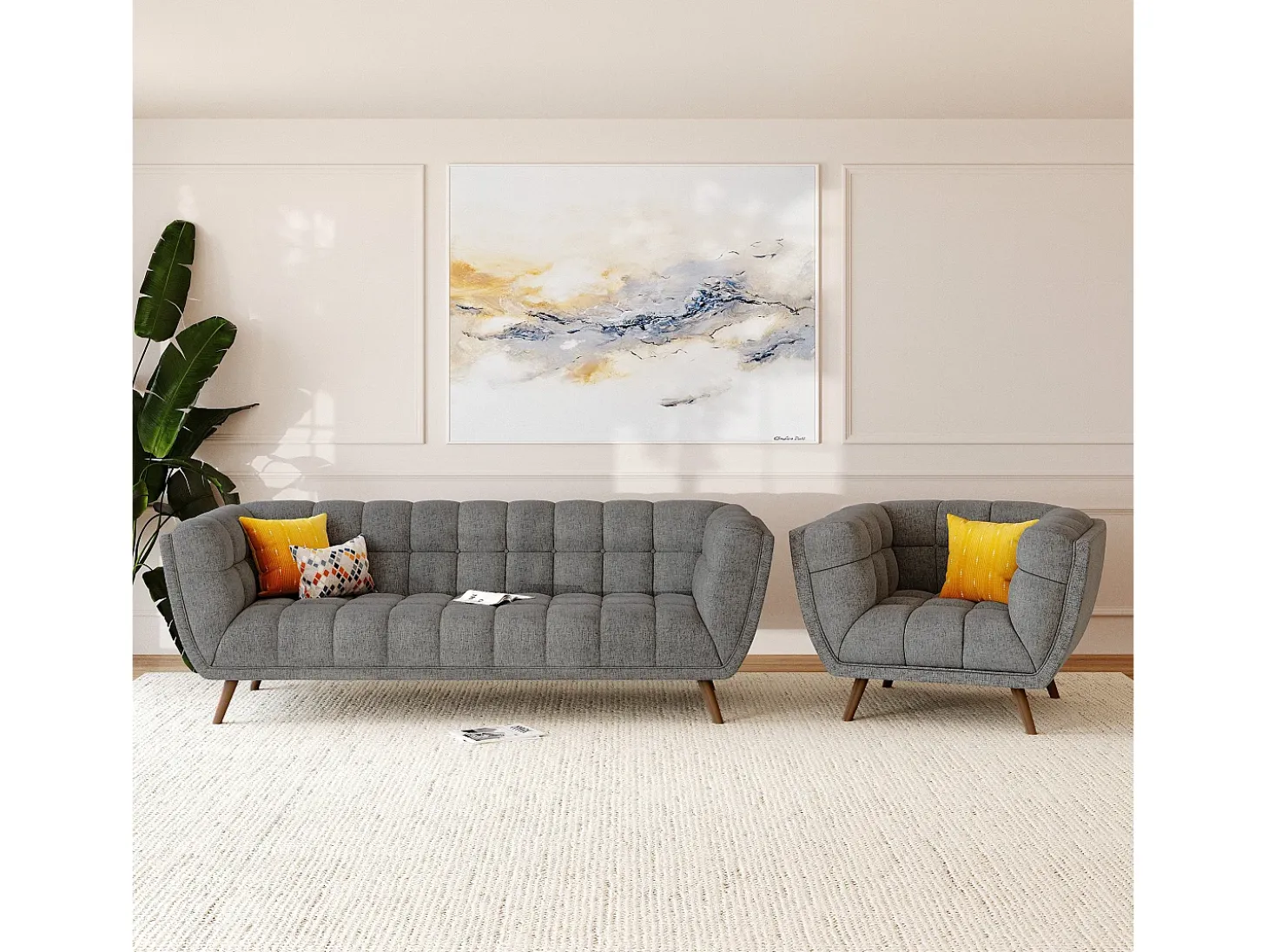 Sillón tapizado en tela gris - Carmen