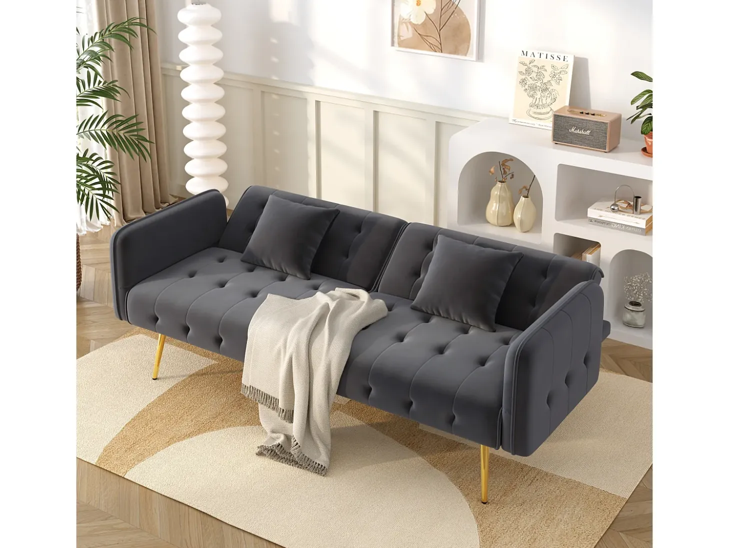 Sofá 2 plazas - Sofá recto con respaldo de 3 posiciones y reposabrazos de 6 posiciones - terciopelo gris - para el salón