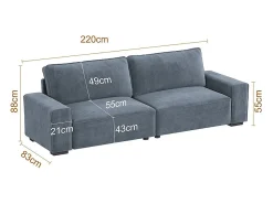Sofá 3 plazas chenilla gris - con reposabrazos anchos - 220 x 83 x 88 cm