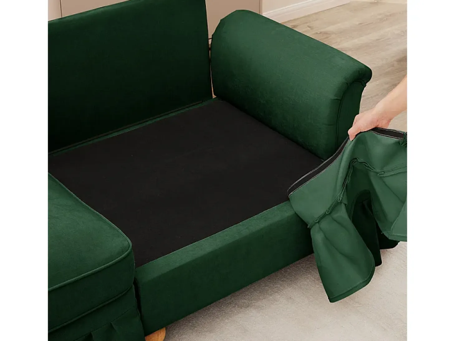Sofá 3 Plazas Chenille Mid-Century, Funda Extraíble y 3 Cojines, 272x83.5x93cm, Verde