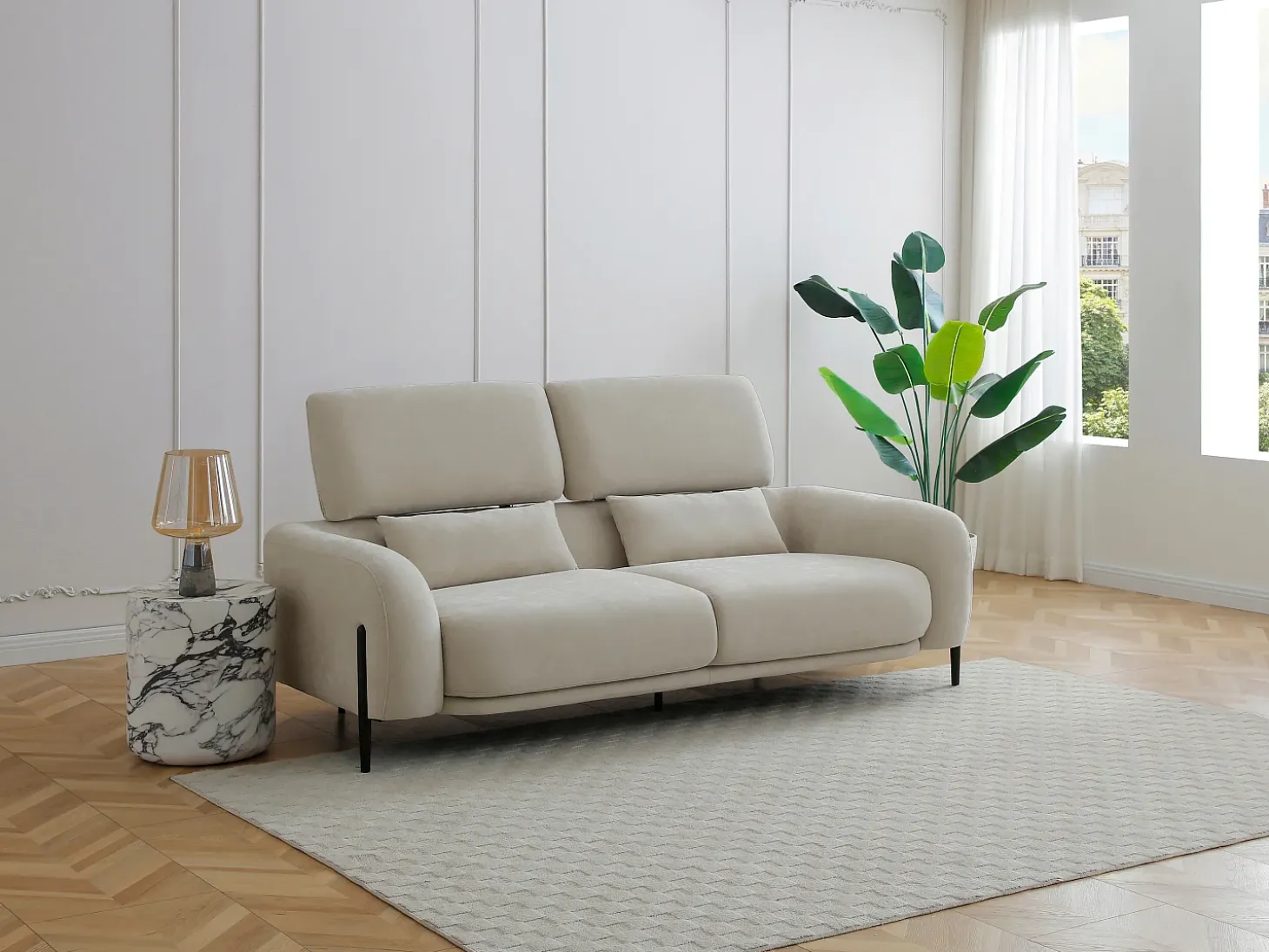 Sofá 3 plazas con respaldo reclinable en tela beige ARAVIO