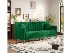 Sofá 3 plazas de terciopelo - patas de madera maciza 19cm - con 2 cojines - 206x74x83cm - Verde