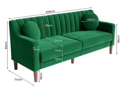 Sofá 3 plazas de terciopelo - patas de madera maciza 19cm - con 2 cojines - 206x74x83cm - Verde