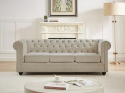 Sofá 3 plazas de terciopelo color beige CHESTERFIELD