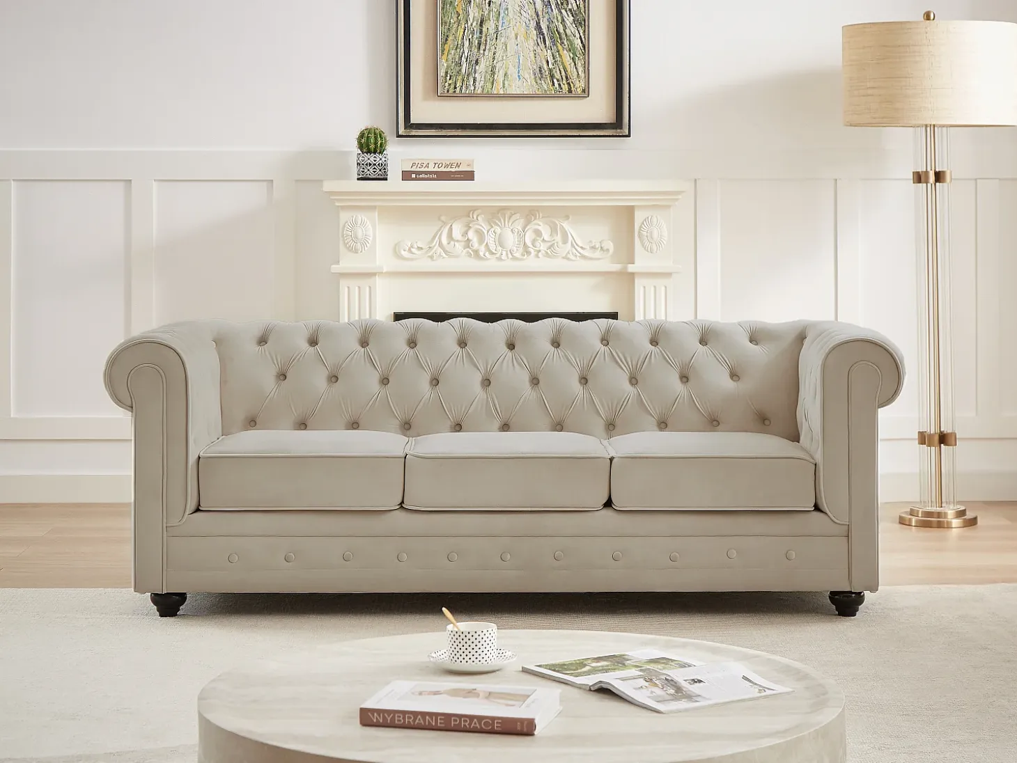 Sofá 3 plazas de terciopelo color beige CHESTERFIELD