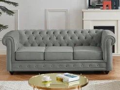 Sofá 3 plazas de terciopelo color gris plata CHESTERFIELD