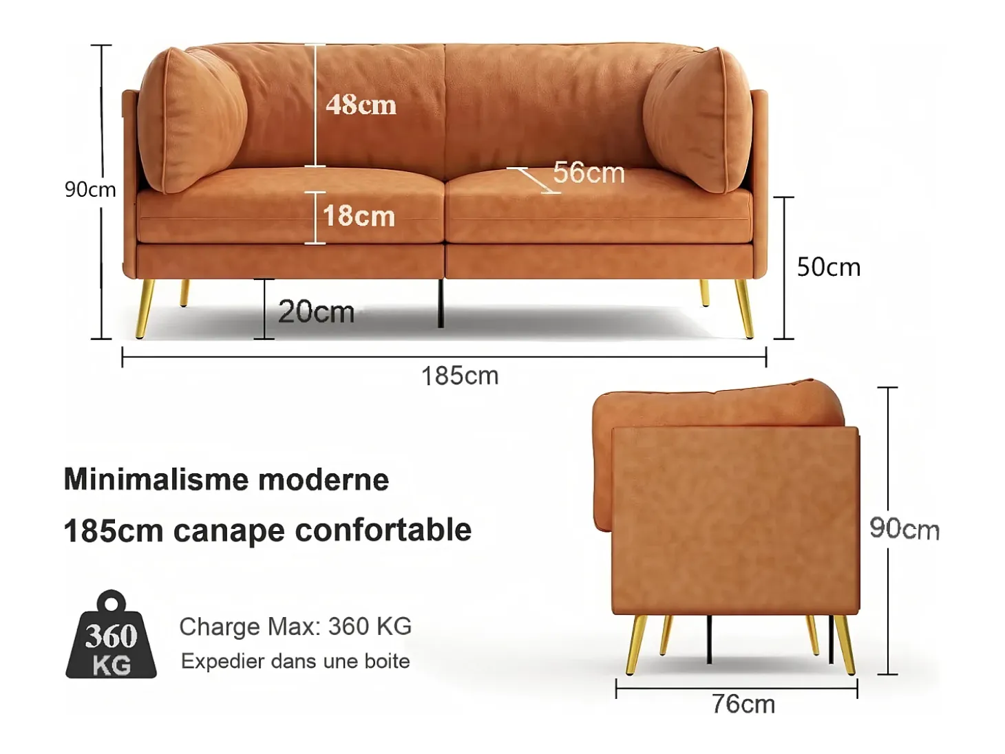 Sofá 2/3 plazas en imitación de piel, con 56 cm de profundidad y cómoda cojines de asiento, 185x76x90 cm, naranja