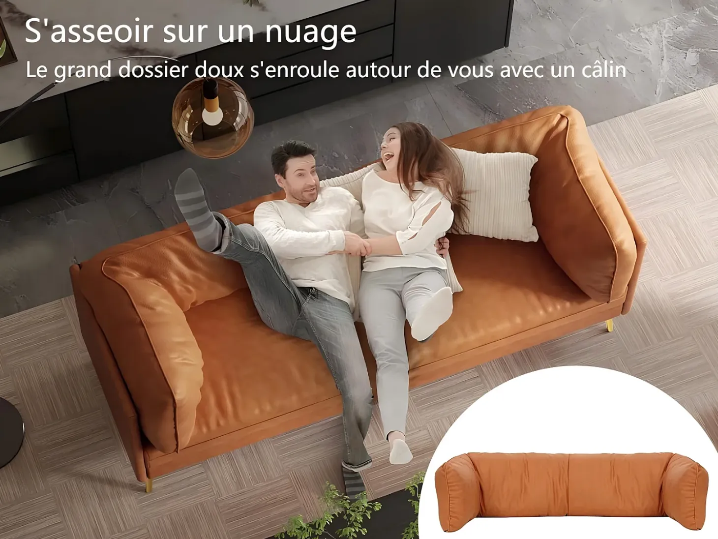 Sofá 2/3 plazas en imitación de piel, con 56 cm de profundidad y cómoda cojines de asiento, 185x76x90 cm, naranja