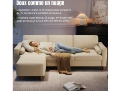 Sofá 3 plazas en skai, con otomana y 2 cojines redondos, estructura de madera, 234x155x88cm, Beige