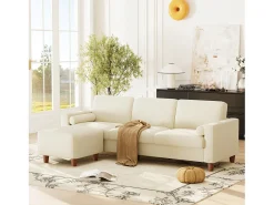 Sofá 3 plazas en skai, con otomana y 2 cojines redondos, estructura de madera, 234x155x88cm, Beige
