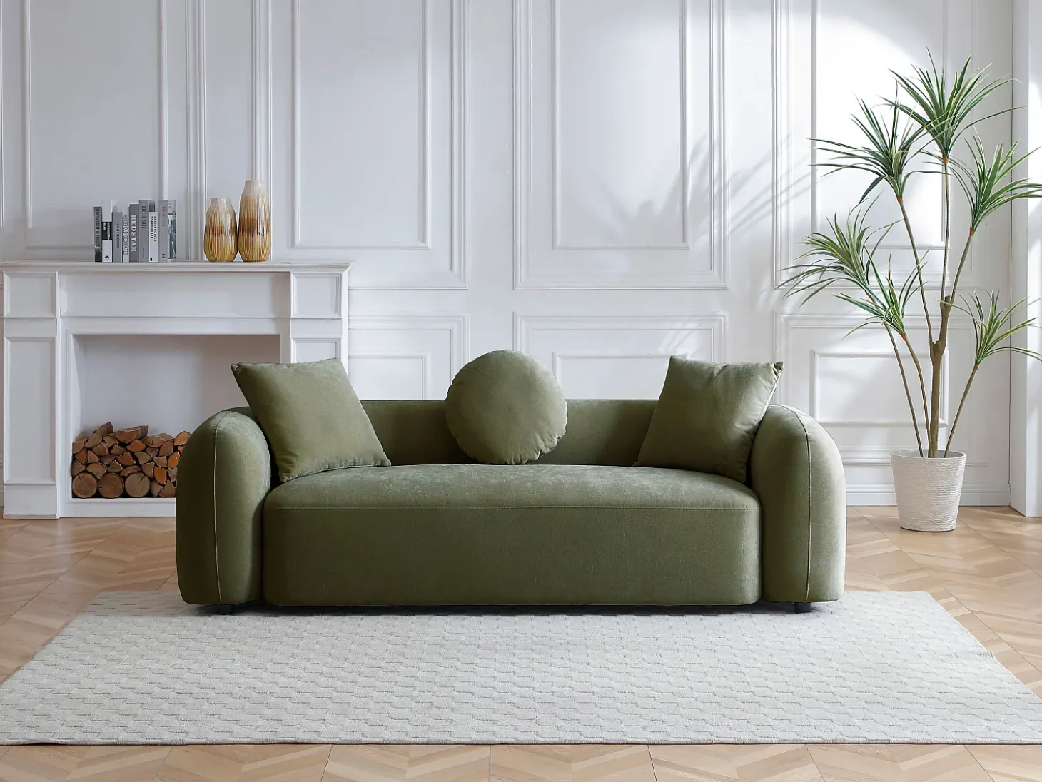 Sofá 3 plazas en tela color verde con cojines OXILA