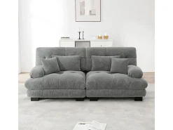 Sofá 2 plazas gris - con 4 cojines - estructura madera maciza + tejido felpa - 220x77x81cm