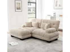 Sofá angular 2 plazas de tejido Chenilla, con 4 cojines, otomana extraíble, combinación DIY, 220x145x81cm, Beige