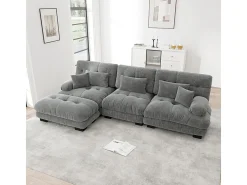 Sofá angular 3 plazas de tejido Chenilla, con 5 cojines, otomana extraíble, combinación DIY, 313x145x81cm, Gris