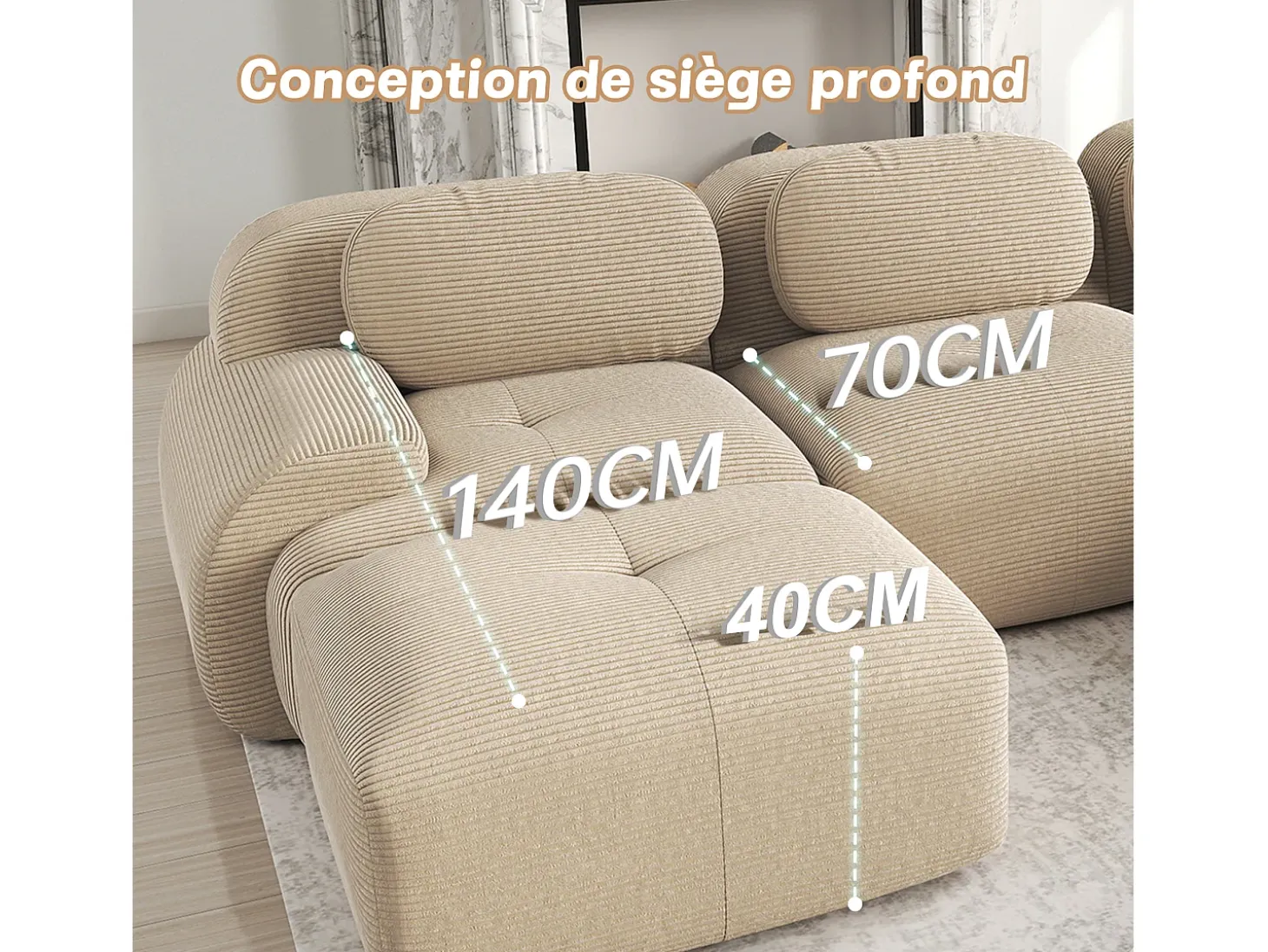 Sofá angular 4 plazas modular - de Pana - con 4 cojines y otomana - 388x178x75cm - Beige