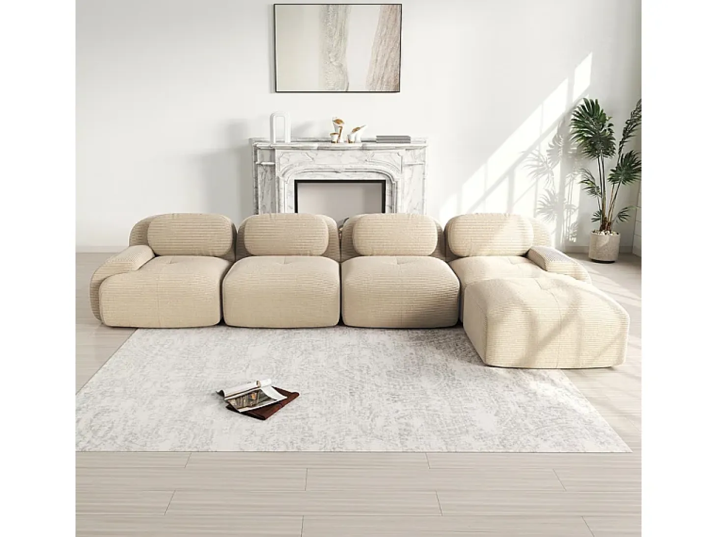 Sofá angular 4 plazas modular - de Pana - con 4 cojines y otomana - 388x178x75cm - Beige
