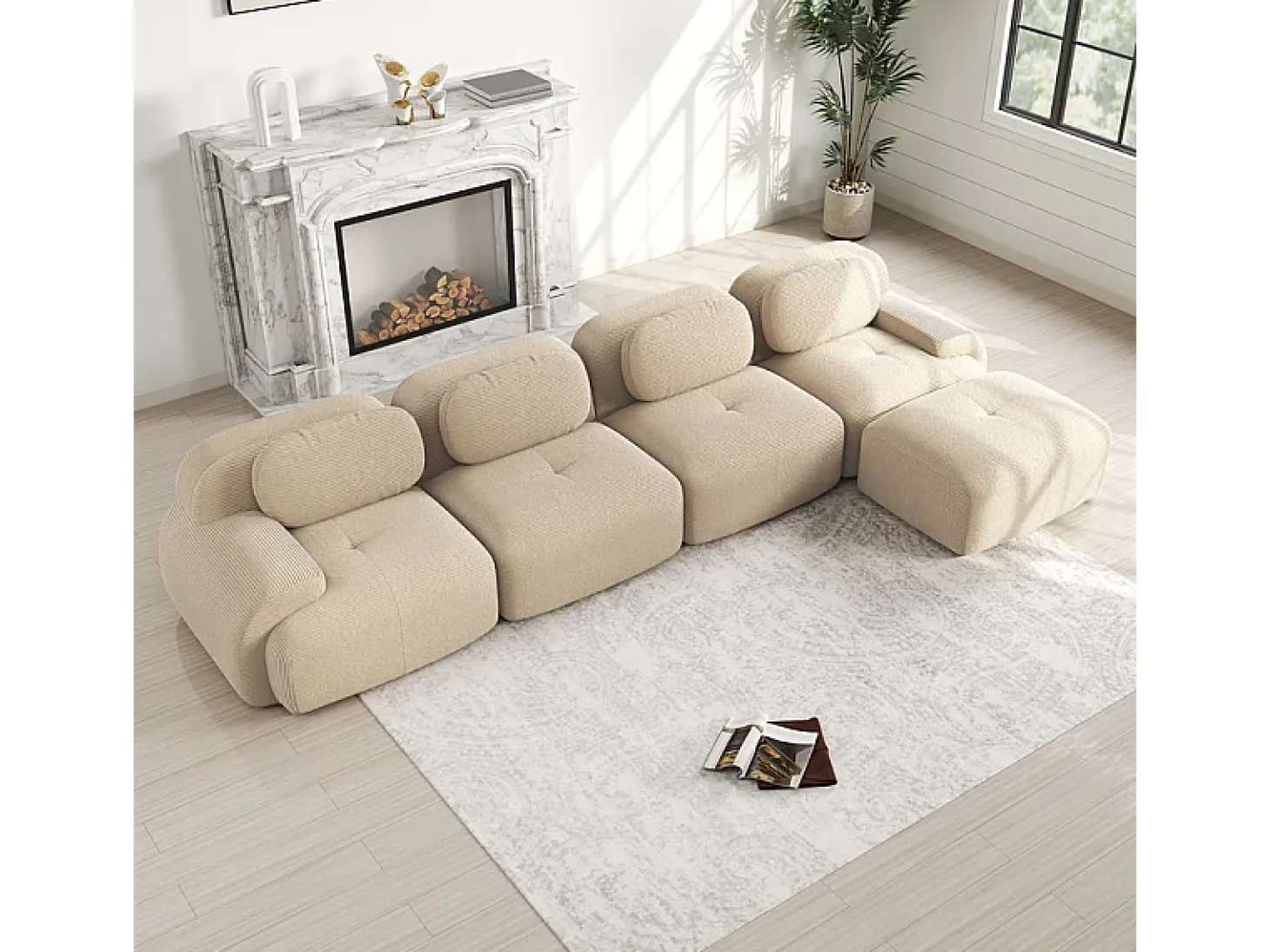 Sofá angular 4 plazas modular - de Pana - con 4 cojines y otomana - 388x178x75cm - Beige