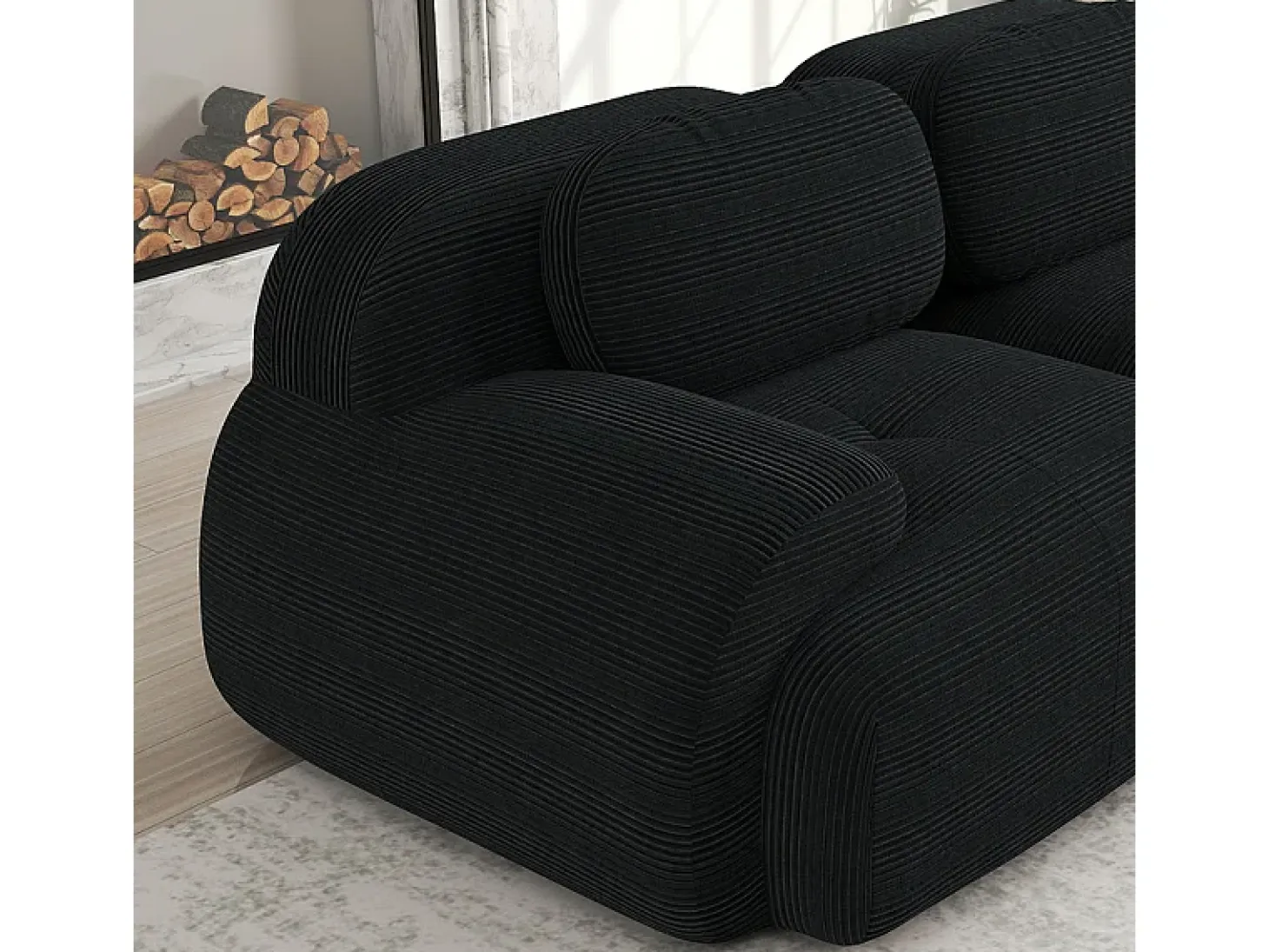 Sofá angular 4 plazas modular - de Pana - con 4 cojines y otomana - 388x178x75cm - Negro