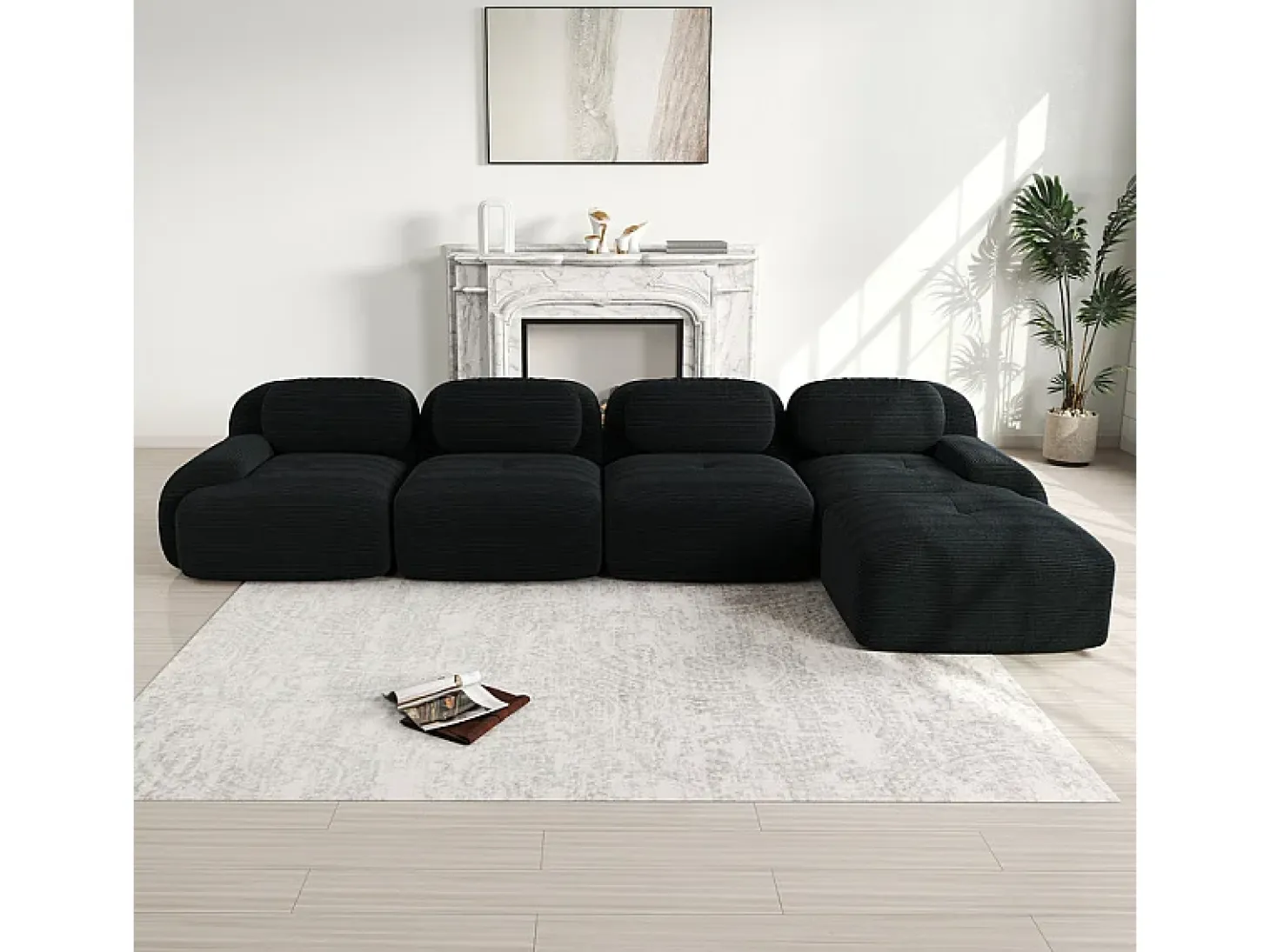 Sofá angular 4 plazas modular - de Pana - con 4 cojines y otomana - 388x178x75cm - Negro