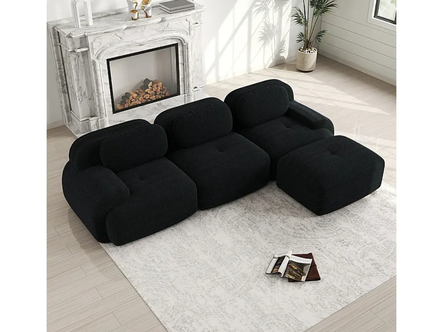 Sofá angular 3 plazas modular - de Pana - con 3 cojines y otomana - 298x178x75cm - Negro