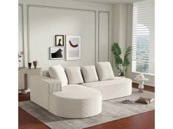 Sofá angular izquierdo de Pana de canalé grueso con 4 cojines - 265x67x40,5cm - Blanco