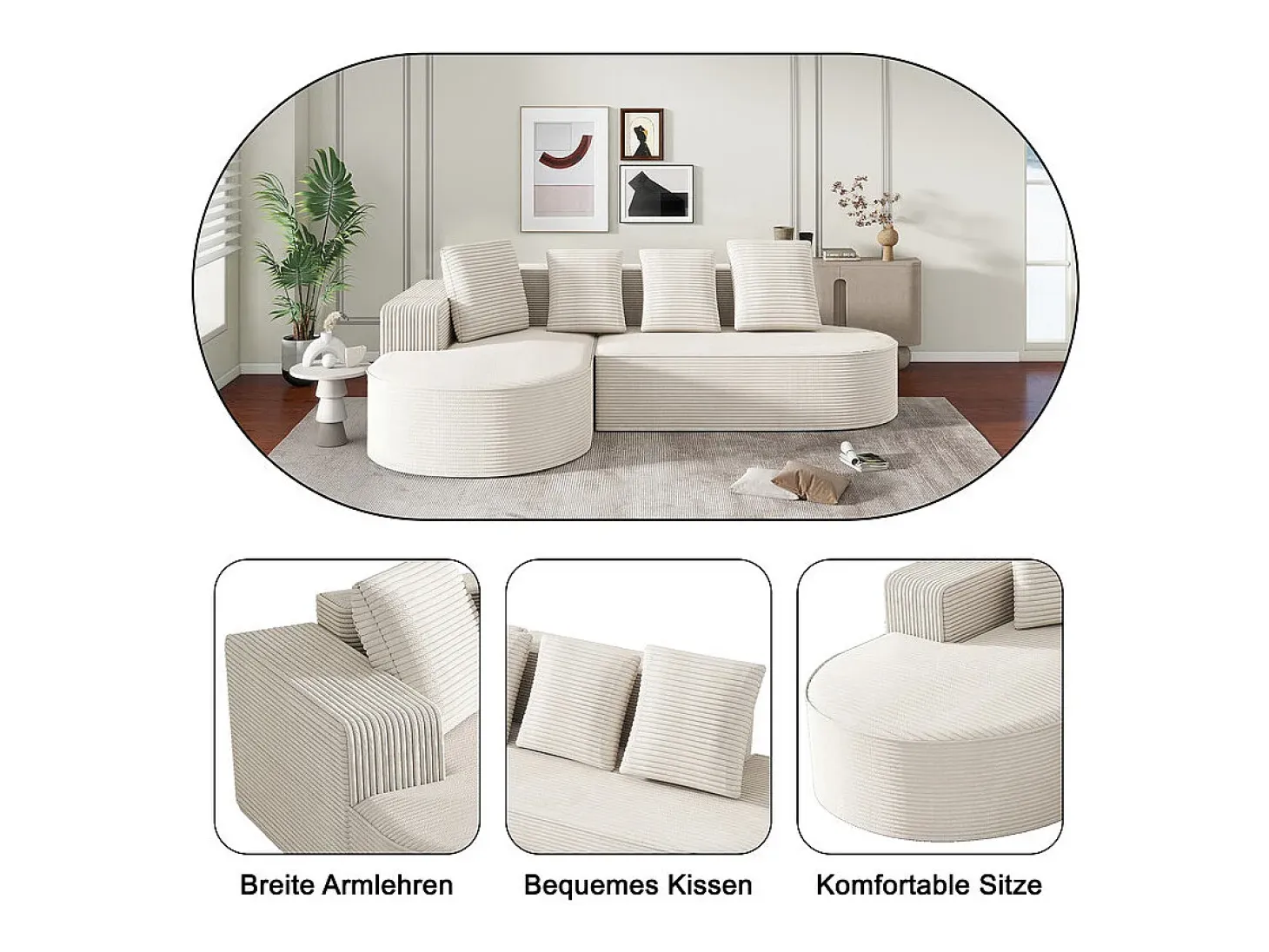 Sofá angular izquierdo de Pana de canalé grueso con 4 cojines - 265x67x40,5cm - Blanco