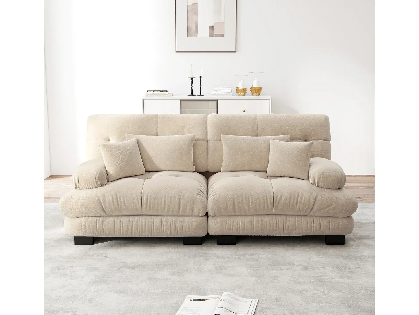 Sofá beige de 2 plazas - Sofá recto con 2 cojines lumbares y 2 cojines decorativos - chenilla