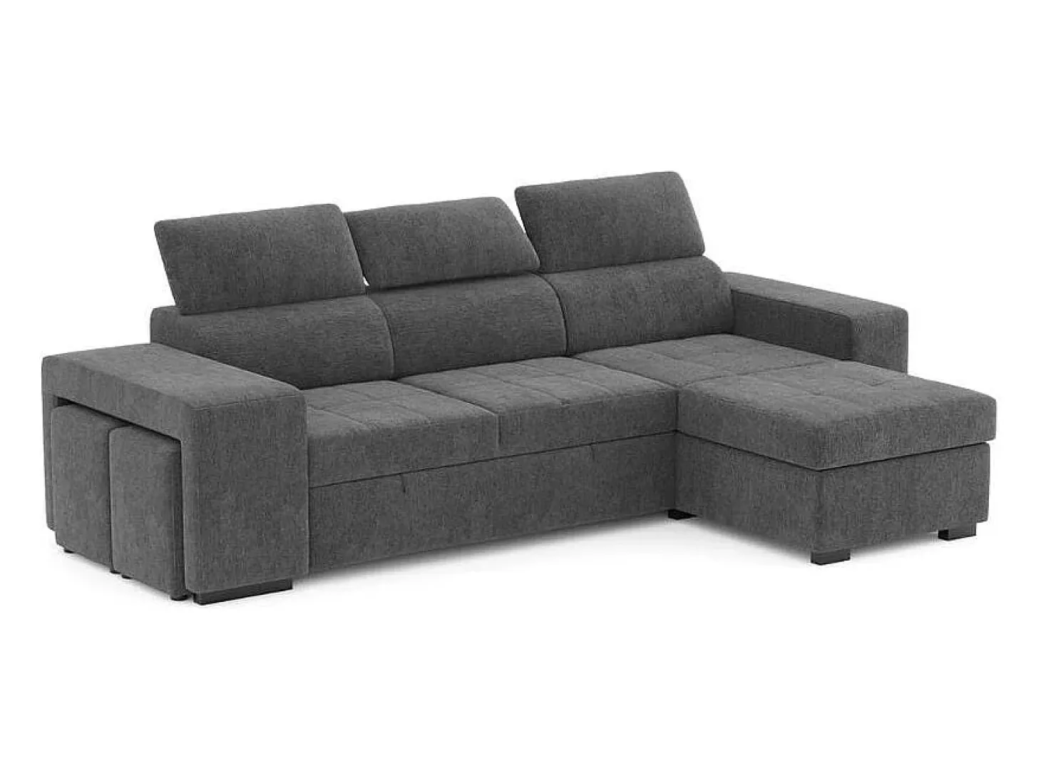 Sofá Cama 3 Plazas Gris Oscuro con Chaise Longue Reversible Lado Derecho/Izquierdo - Reposacabezas Ajustables - 2 Pufs (263 x 127 x 96 cm) - JOHN