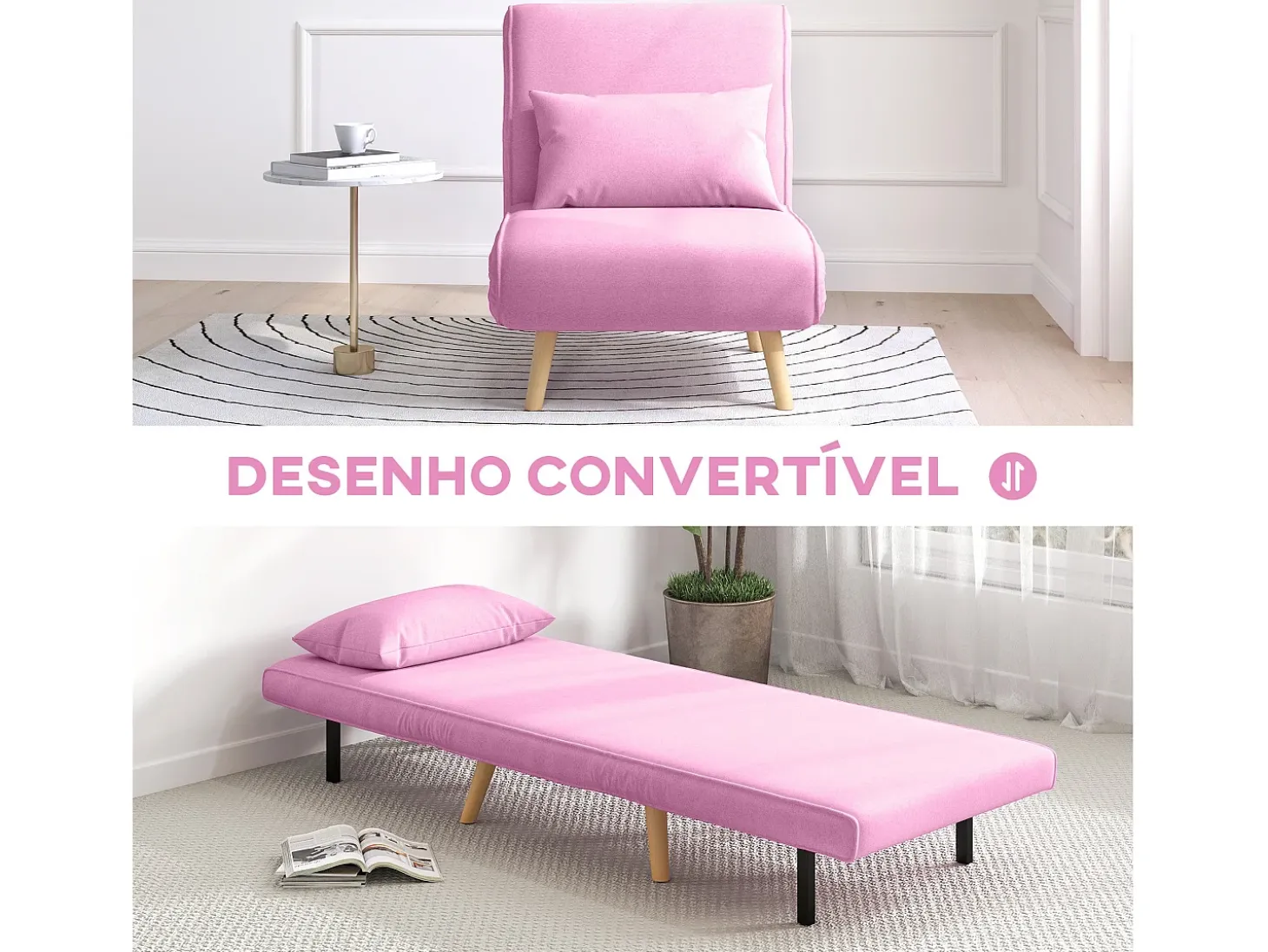 Sofá cama Brave Homcom respaldo ajustable 5 posiciones rosa 85x72x75 cm