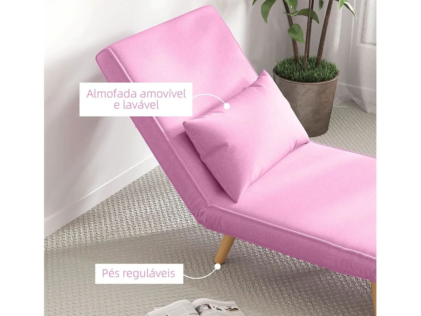 Sofá cama Brave Homcom respaldo ajustable 5 posiciones rosa 85x72x75 cm