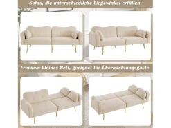 Sofá cama de 2 plazas - 175 x 79 x 82 cm - con respaldo regulable - patas de metal dorado - terciopelo - beige