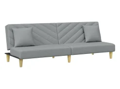 Sofá cama de 2 plazas con almohadas y taburete tela gris claro