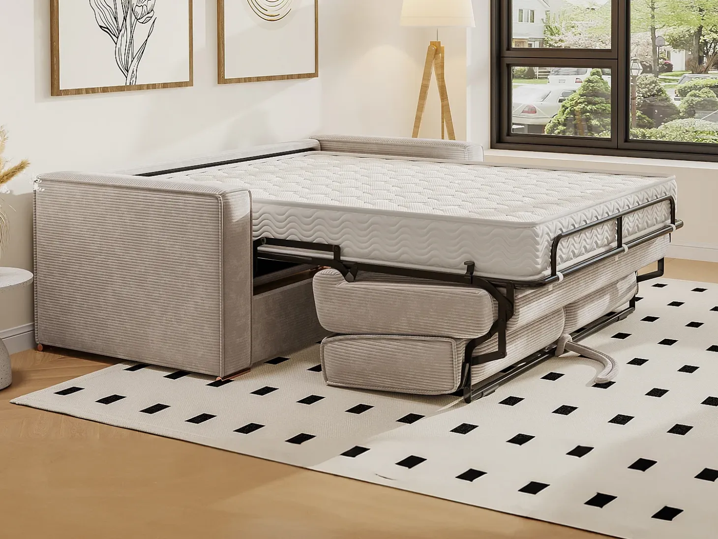Sofá cama de 3 plazas con apertura italiana de pana beige LORETO