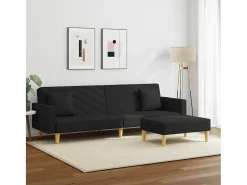 Sofá cama de 2 plazas con almohadas y reposapiés en tela negra