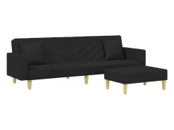 Sofá cama de 2 plazas con almohadas y reposapiés en tela negra