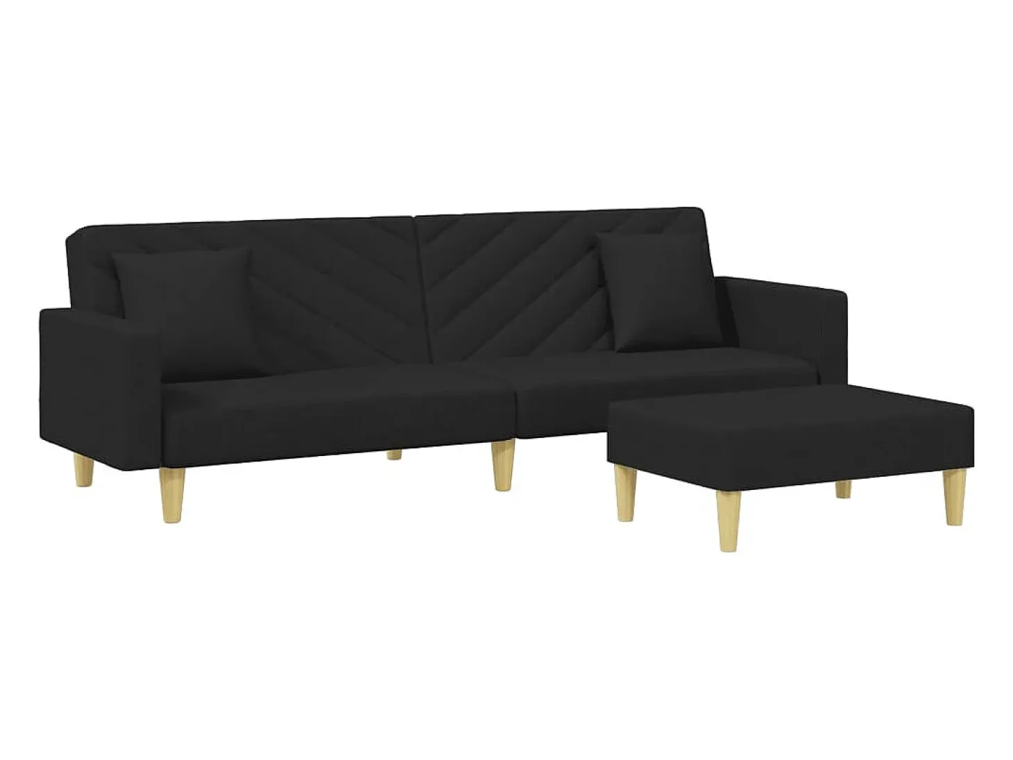 Sofá cama de 2 plazas con almohadas y reposapiés en tela negra