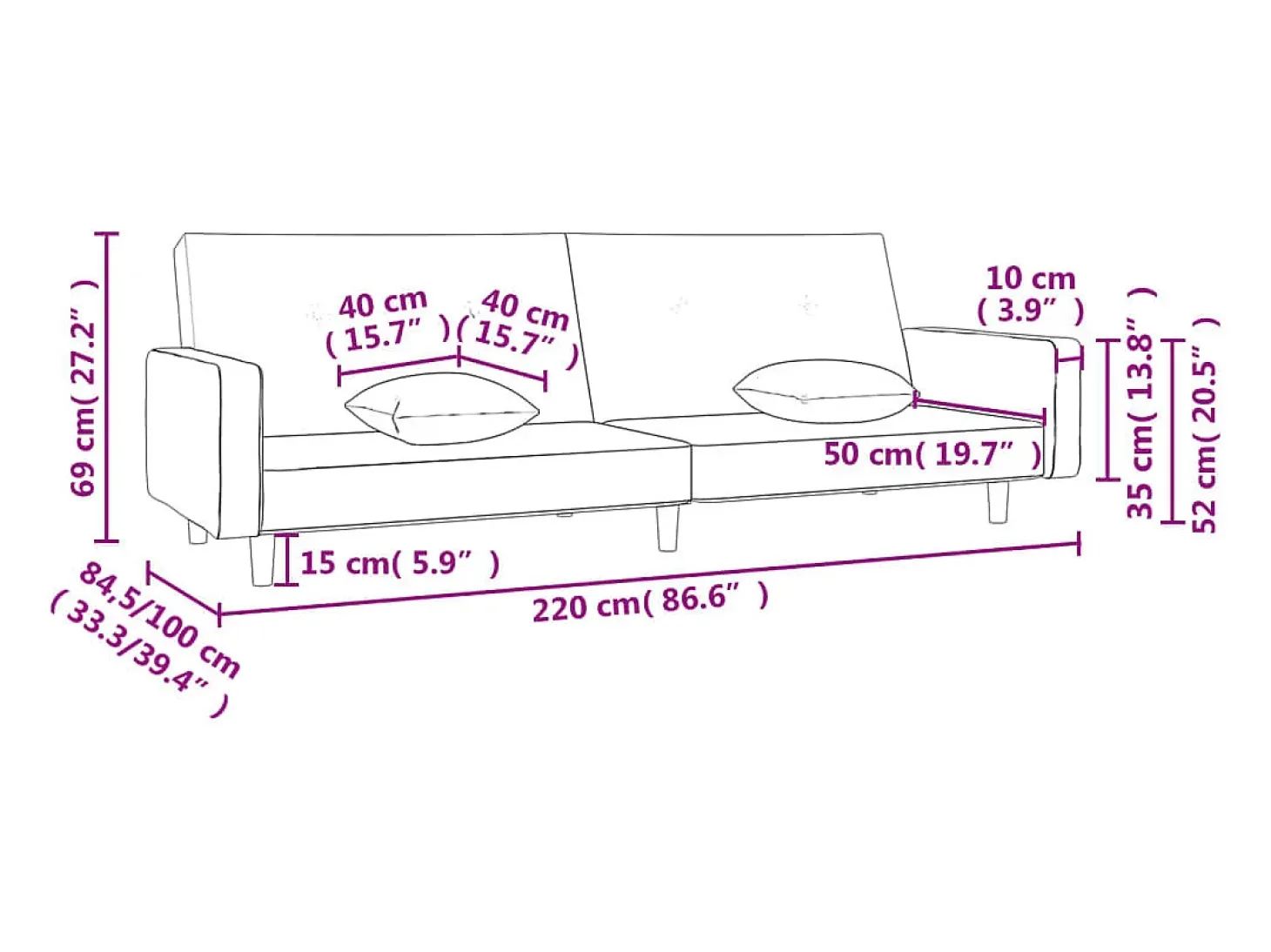 Sofá cama de 2 plazas con dos almohadas tela color crema