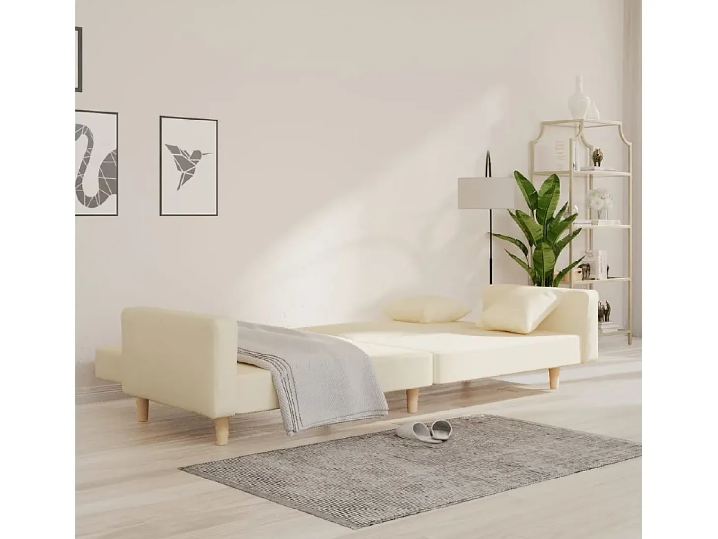 Sofá cama de 2 plazas con dos almohadas tela color crema