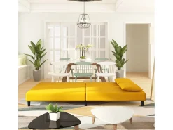 Sofá cama de 2 plazas con dos almohadas terciopelo amarillo