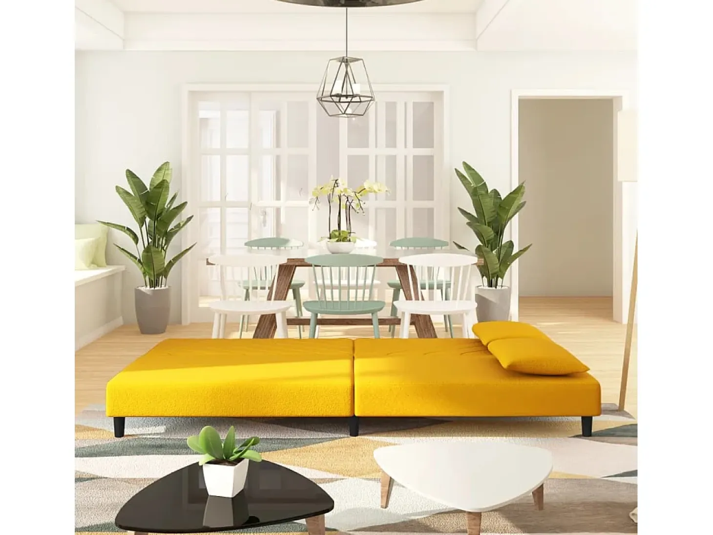 Sofá cama de 2 plazas con dos almohadas terciopelo amarillo
