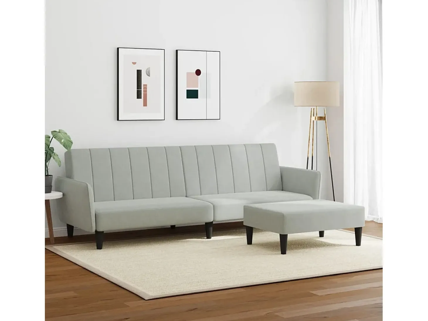 Sofá cama de 2 plazas con taburete terciopelo gris claro